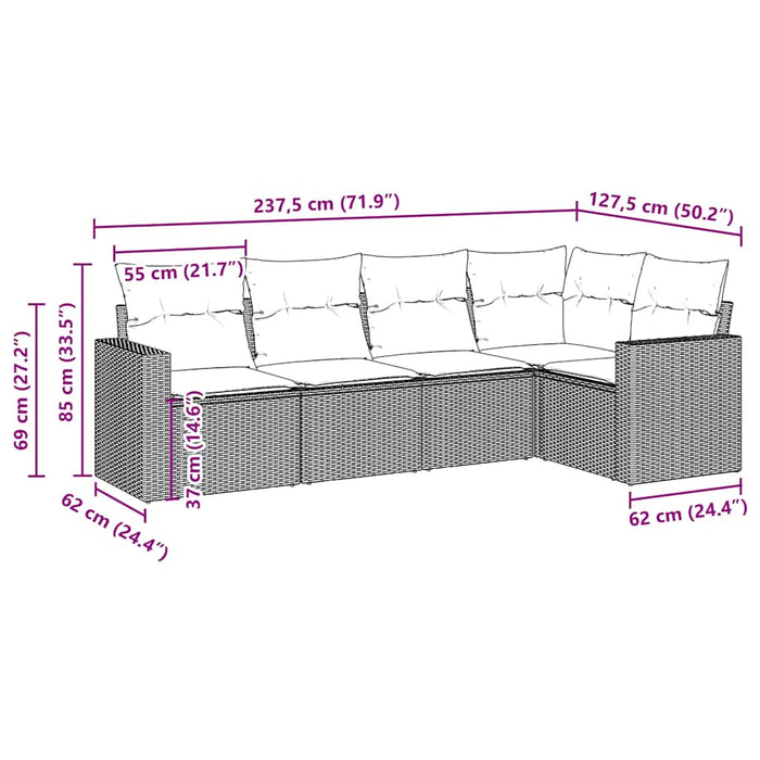 Set Divano da Giardino 5 pz con Cuscini Marrone in Polyrattan