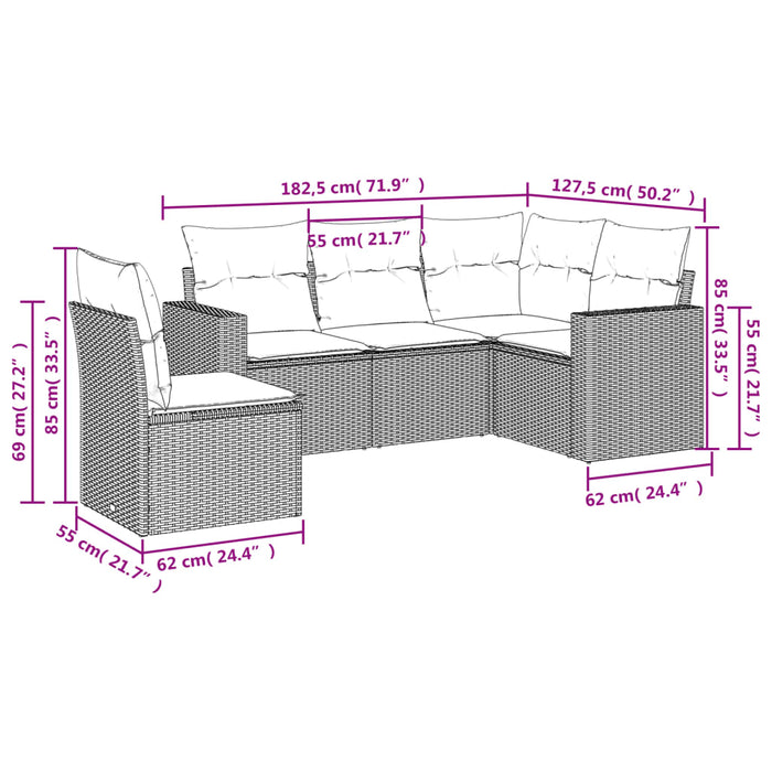 Set Divano da Giardino 5 pz con Cuscini-Sofa da Giardino-Divanetto da esterno Grigio in Polyrattan 223120