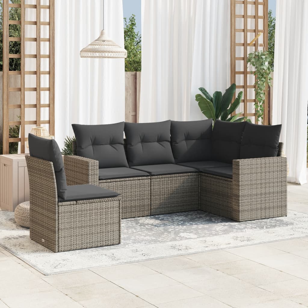 Set Divano da Giardino 5 pz con Cuscini-Sofa da Giardino-Divanetto da esterno Grigio in Polyrattan 223120