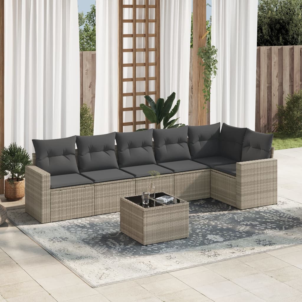 Set Divani da Giardino 7pz con Cuscini Grigio Chiaro Polyrattan