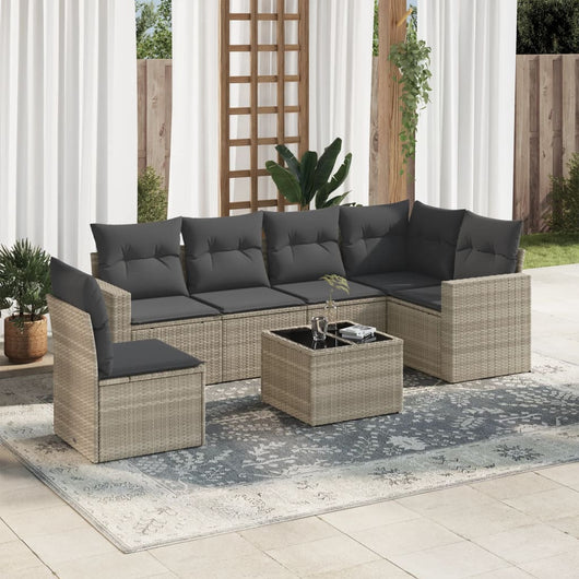 Set Divani da Giardino 7pz con Cuscini Grigio Chiaro Polyrattan