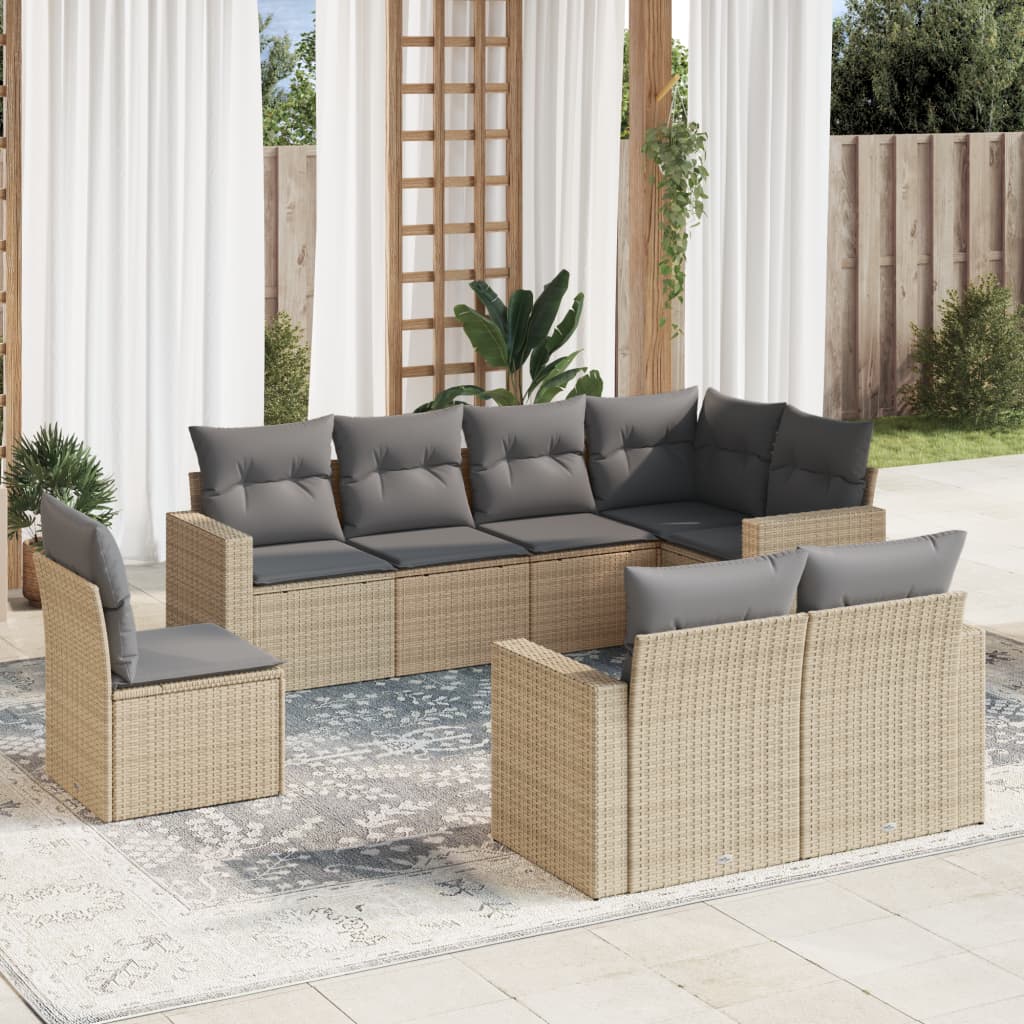 Set Divano da Giardino 8 pz con Cuscini Beige in Polyrattan