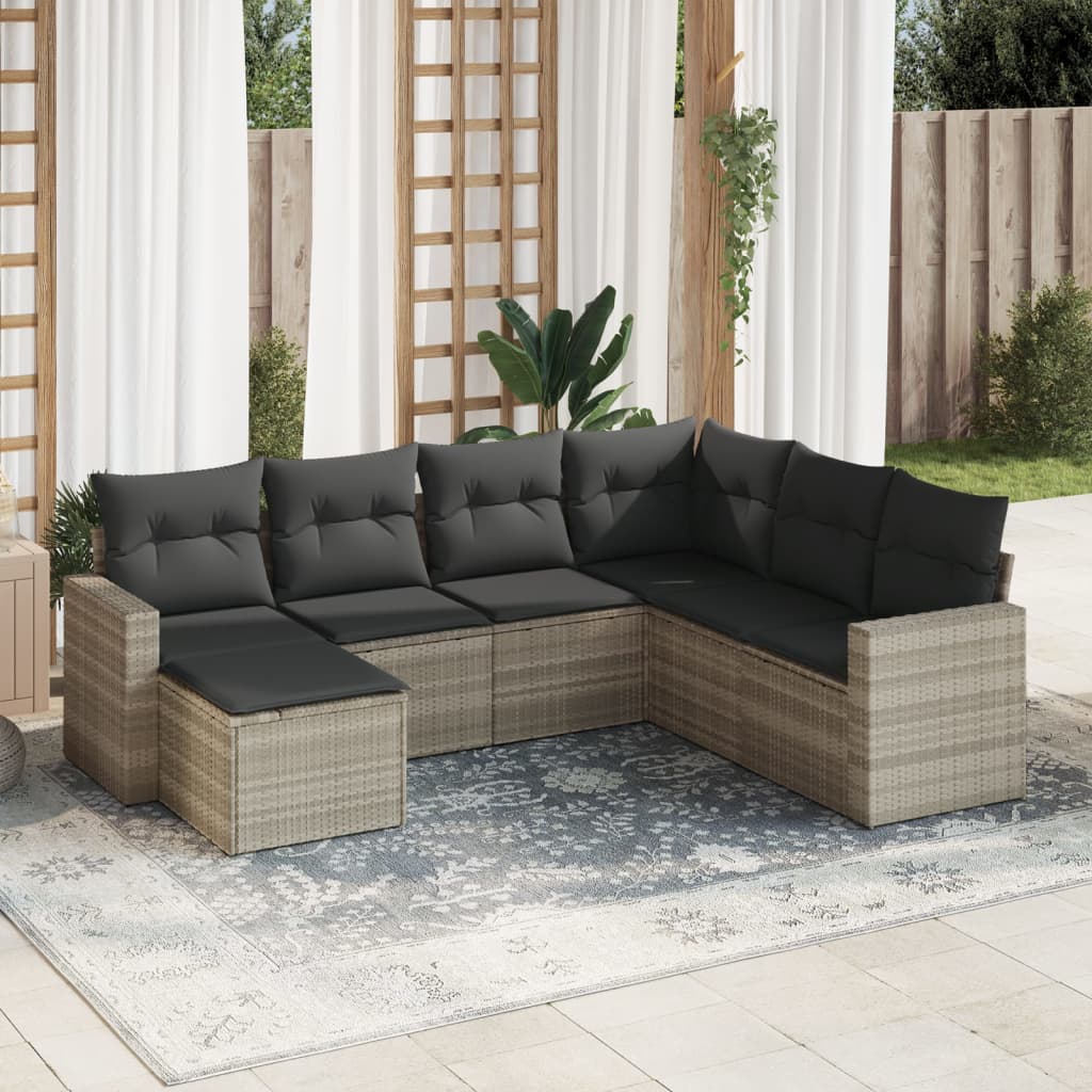 Set Divani da Giardino 7pz con Cuscini Grigio Chiaro Polyrattan