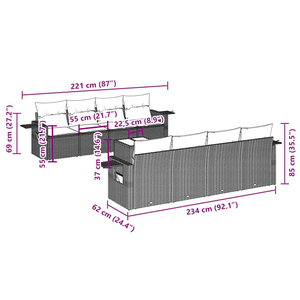 Set Divani da Giardino 9 pz con Cuscini Nero in Polyrattan 3252283