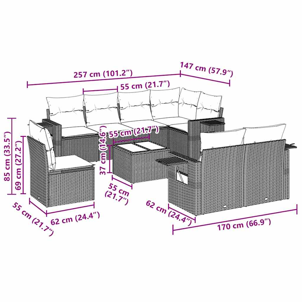 Set Divani da Giardino 9 pz con Cuscini Nero in Polyrattan 3252783