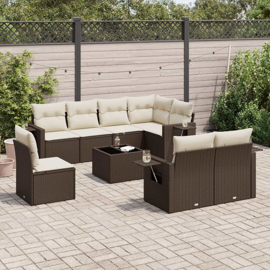 Set Divani da Giardino 9pz con Cuscini Marrone in Polyrattan