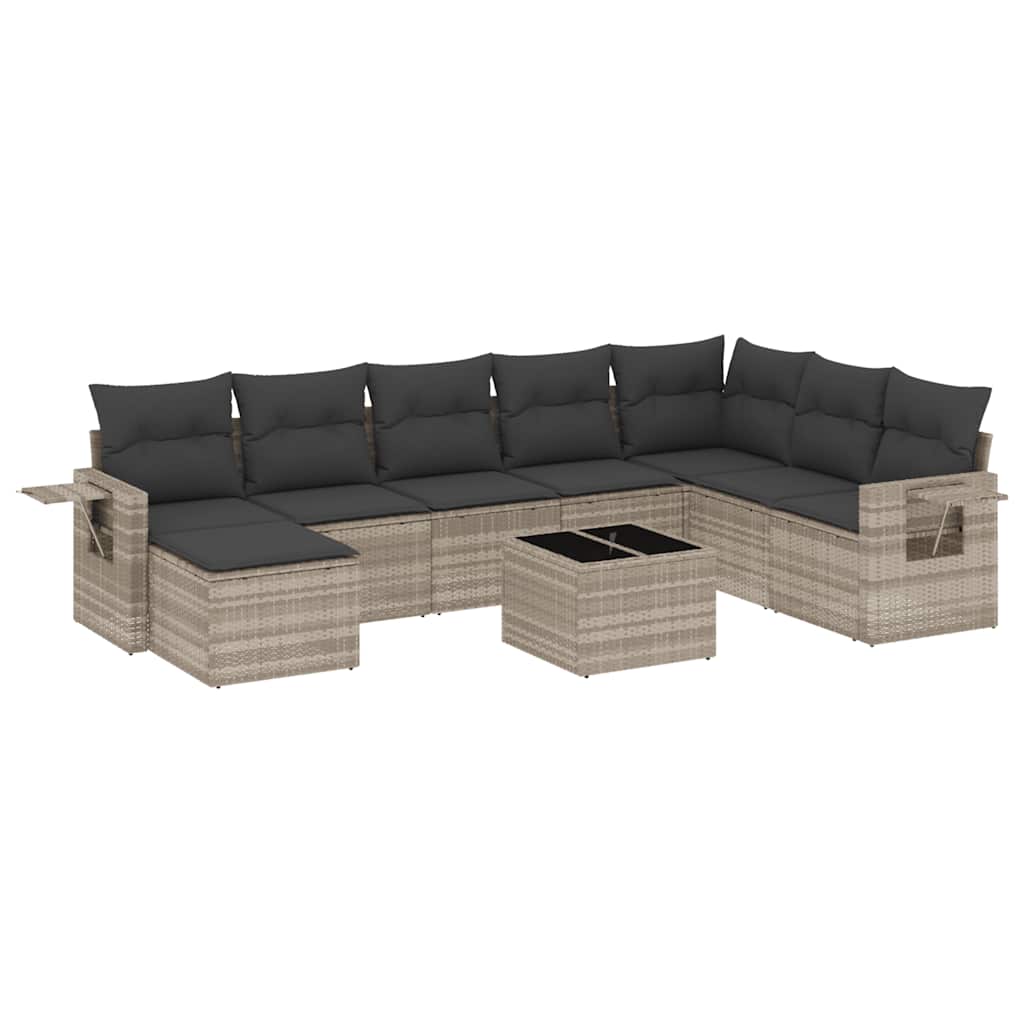 Set Divano da Giardino 9pz con Cuscini Grigio Chiaro Polyrattan