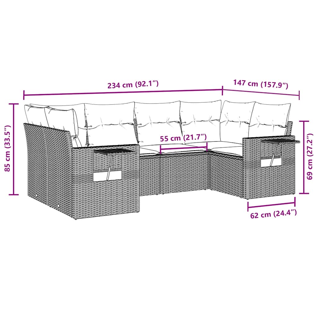 Set Divano da Giardino 6 pz con Cuscini Marrone in Polyrattan