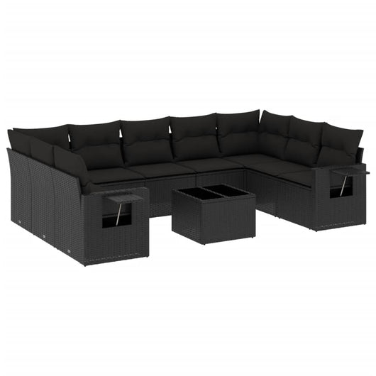 Set Divani da Giardino 10pz con Cuscini in Polyrattan Nero