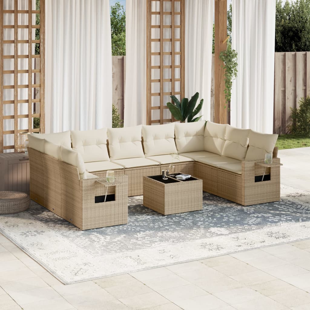Set Divano da Giardino 10 pz con Cuscini Beige in Polyrattan 3252945