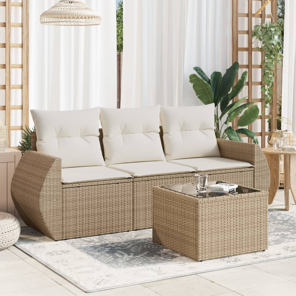 Set Divano da Giardino 4 pz con Cuscini-Sofa da Giardino-Divanetto da esterno Beige in Polyrattan 932992