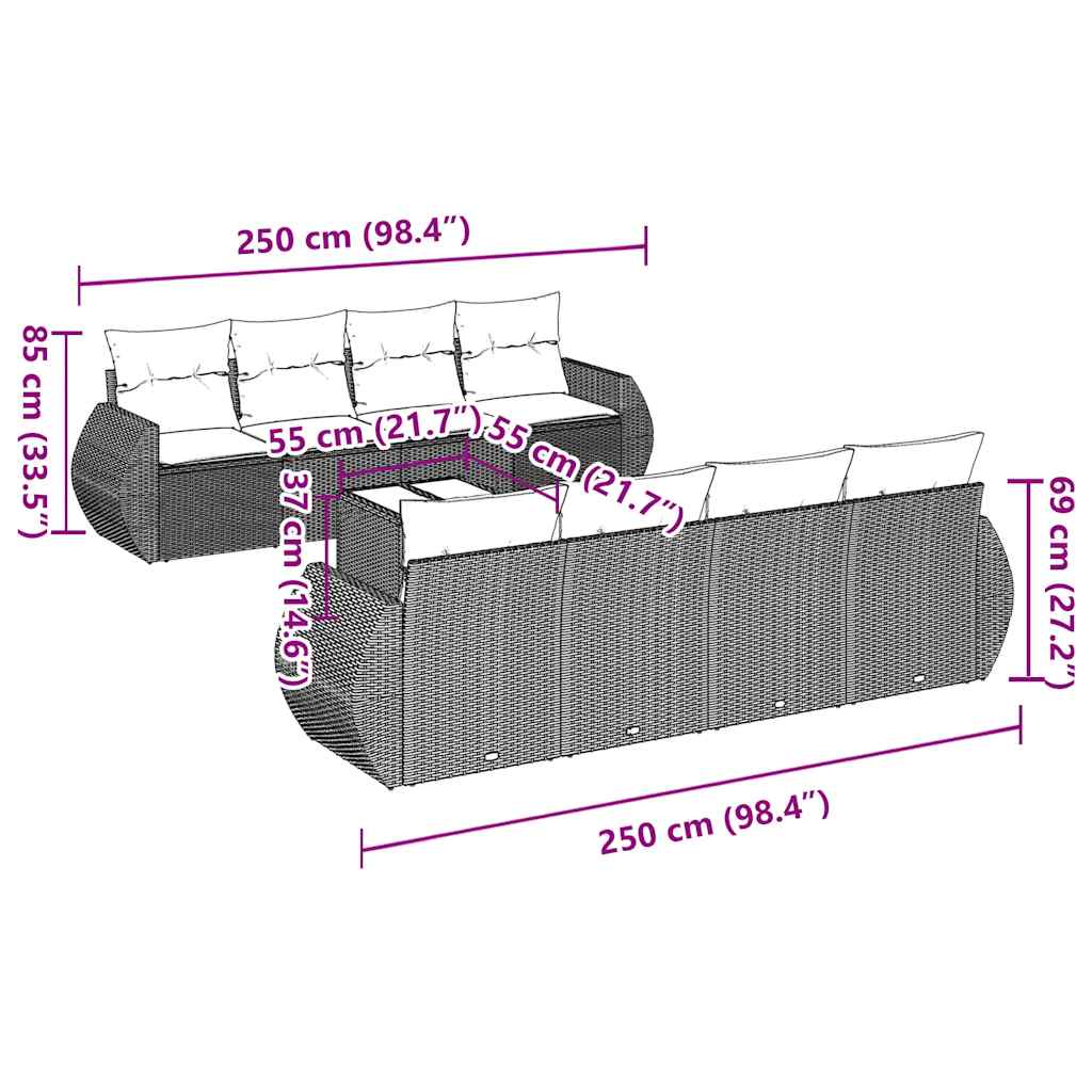Set Divani da Giardino 9 pz con Cuscini Nero in Polyrattan 3253483