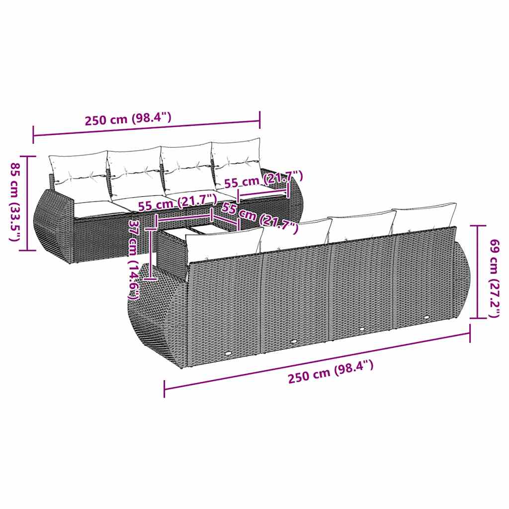 Set Divano da Giardino 9pz con Cuscini Grigio Chiaro Polyrattan