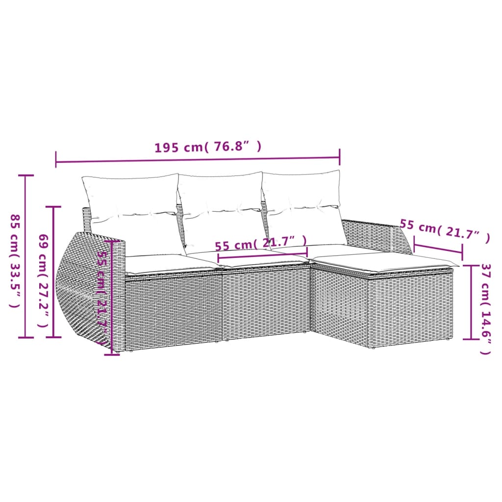 Set Divano da Giardino 4pz con Cuscini Grigio Chiaro Polyrattan