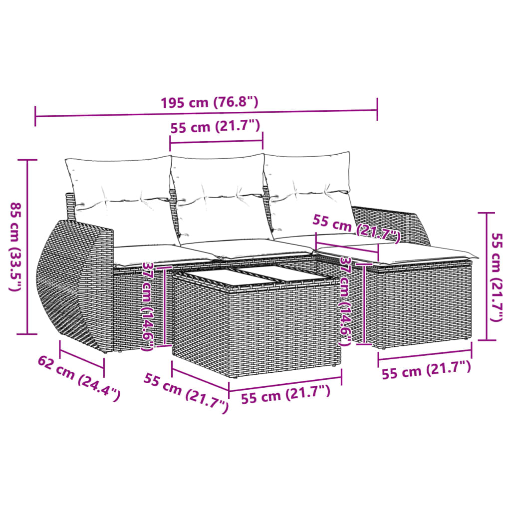 Set Divano da Giardino 5pz con Cuscini Grigio Chiaro Polyrattan 3253619
