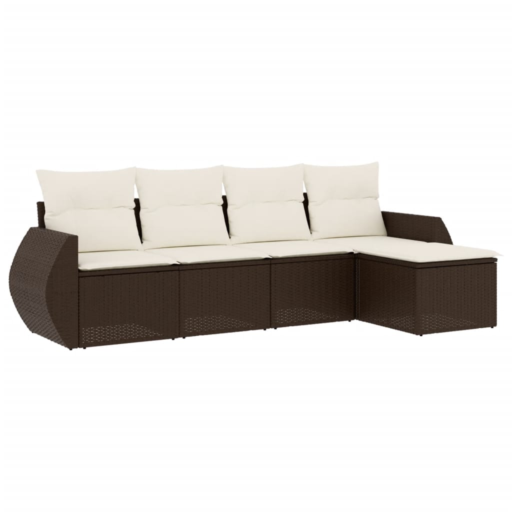 Set Divano da Giardino 5 pz con Cuscini Marrone in Polyrattan