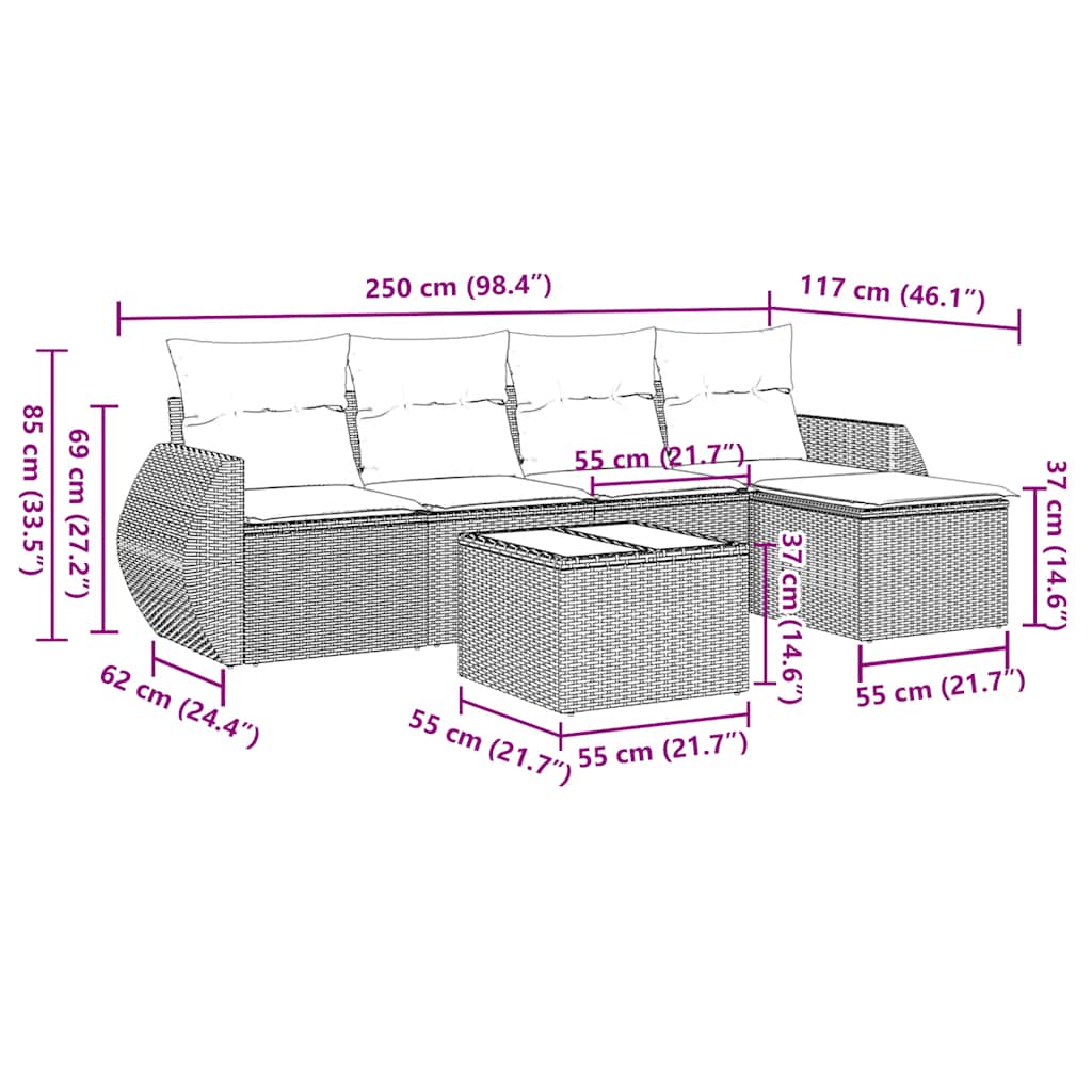 Set Divano da Giardino 6pz con Cuscini Grigio Chiaro Polyrattan
