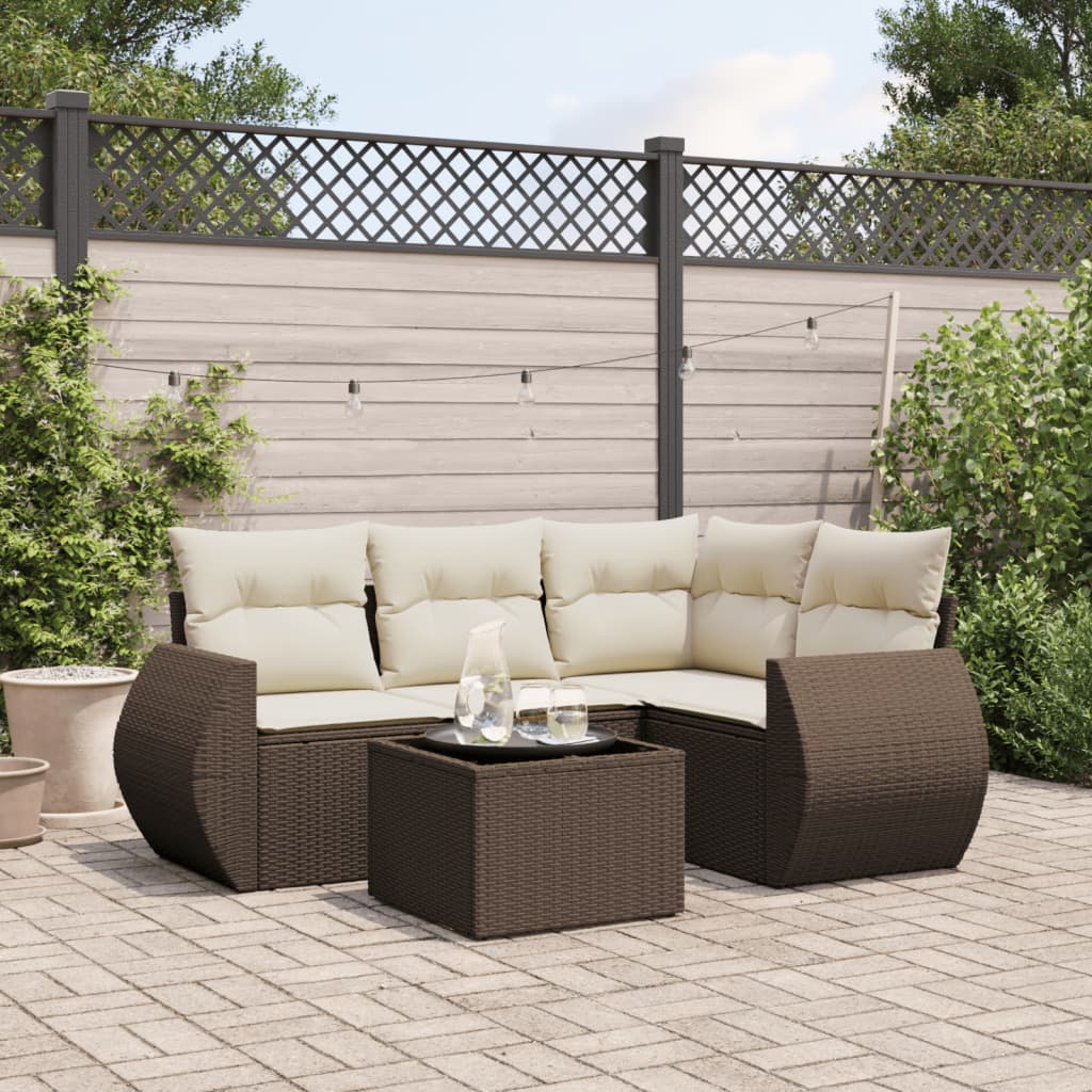 Set Divano da Giardino 5 pz con Cuscini Marrone in Polyrattan