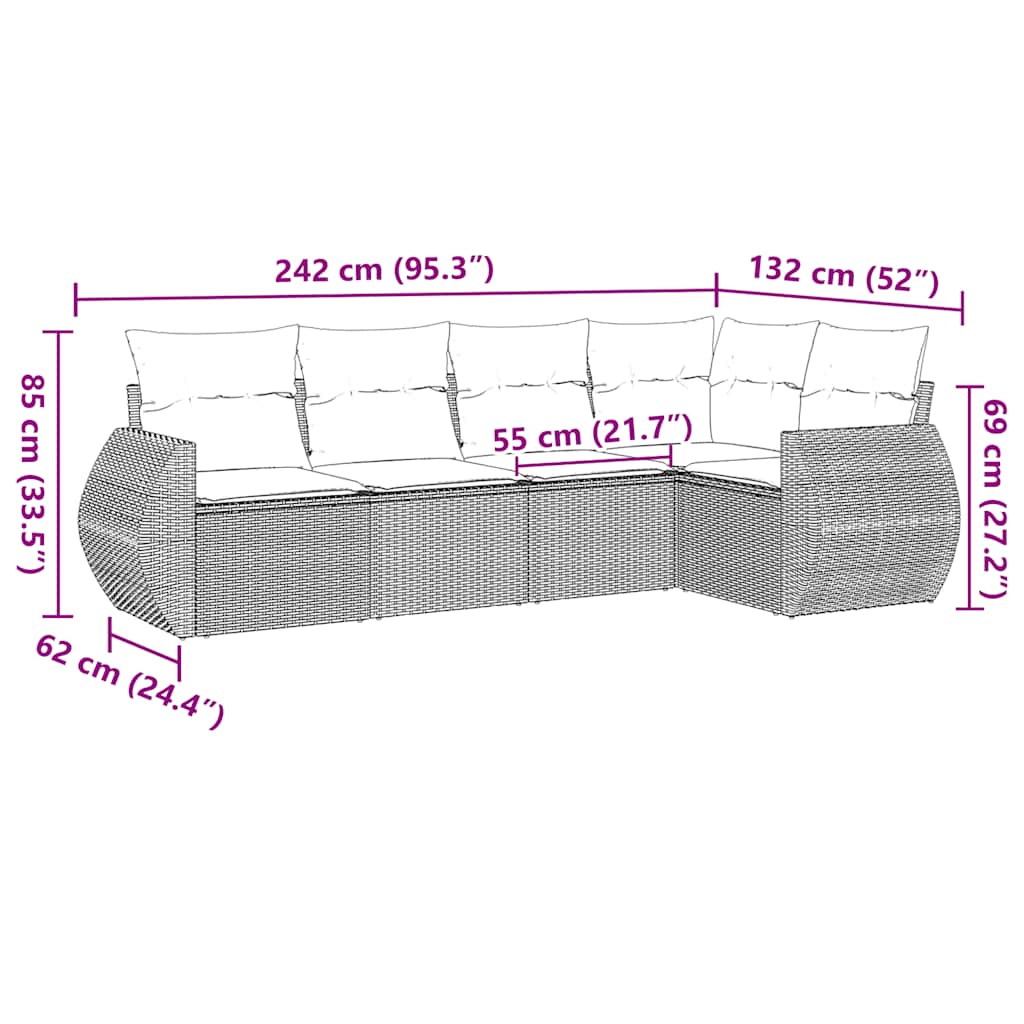Set Divani da Giardino 5 pz con Cuscini in Polyrattan Nero