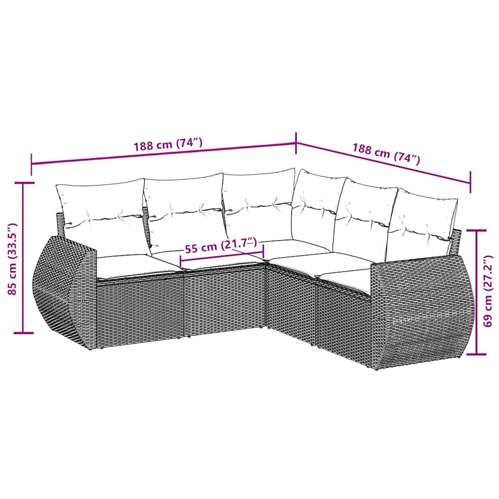 Set Divani da Giardino 5 pz con Cuscini in Polyrattan Nero