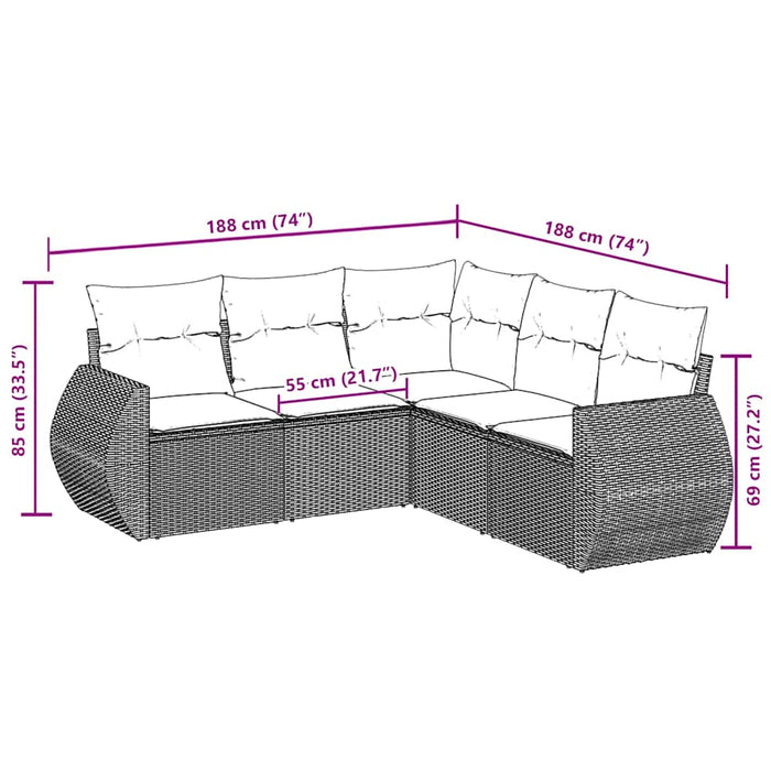 Set Divani da Giardino 5 pz con Cuscini in Polyrattan Nero