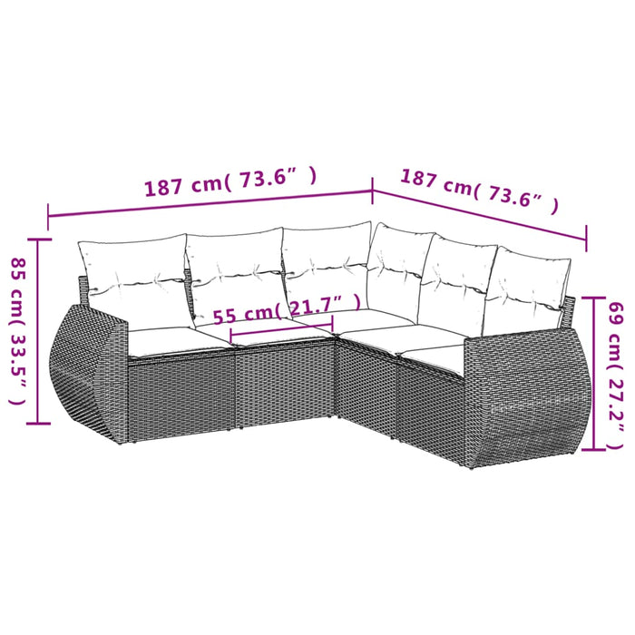 Set Divano da Giardino 5 pz con Cuscini-Sofa da Giardino-Divanetto da esterno Grigio in Polyrattan 977792