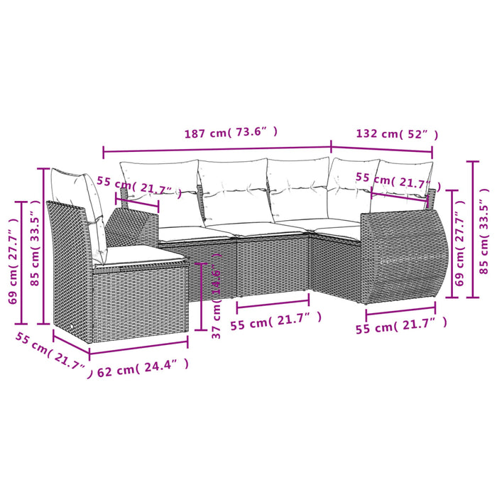 Set Divano da Giardino 5 pz con Cuscini-Sofa da Giardino-Divanetto da esterno Grigio in Polyrattan 713377