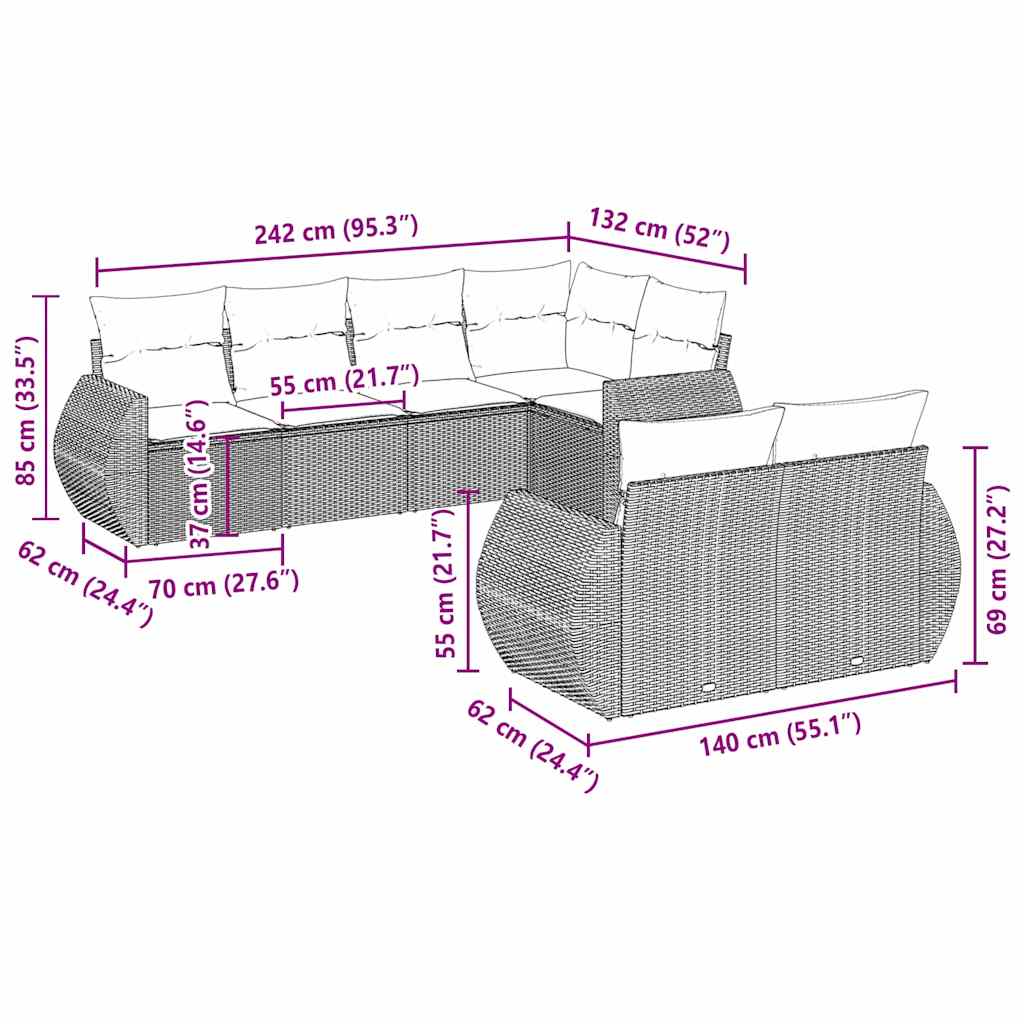 Set Divani da Giardino 7pz con Cuscini Grigio Chiaro Polyrattan