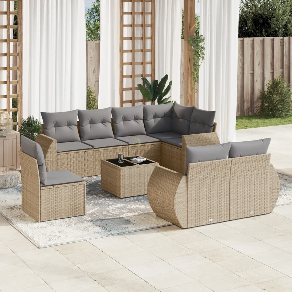 Set Divano da Giardino 9 pz con Cuscini Beige in Polyrattan