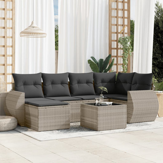Set Divani da Giardino 7pz con Cuscini Grigio Chiaro Polyrattan