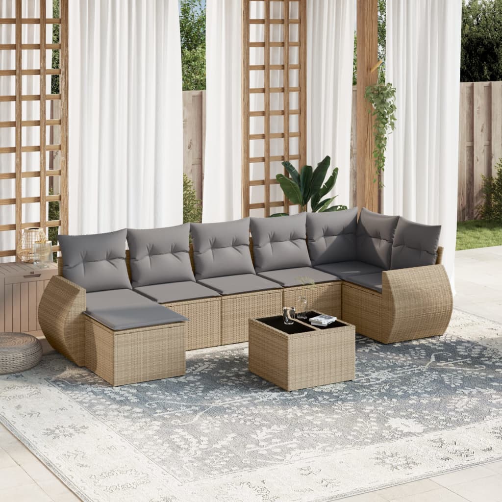 Set Divano da Giardino 8 pz con Cuscini Beige in Polyrattan