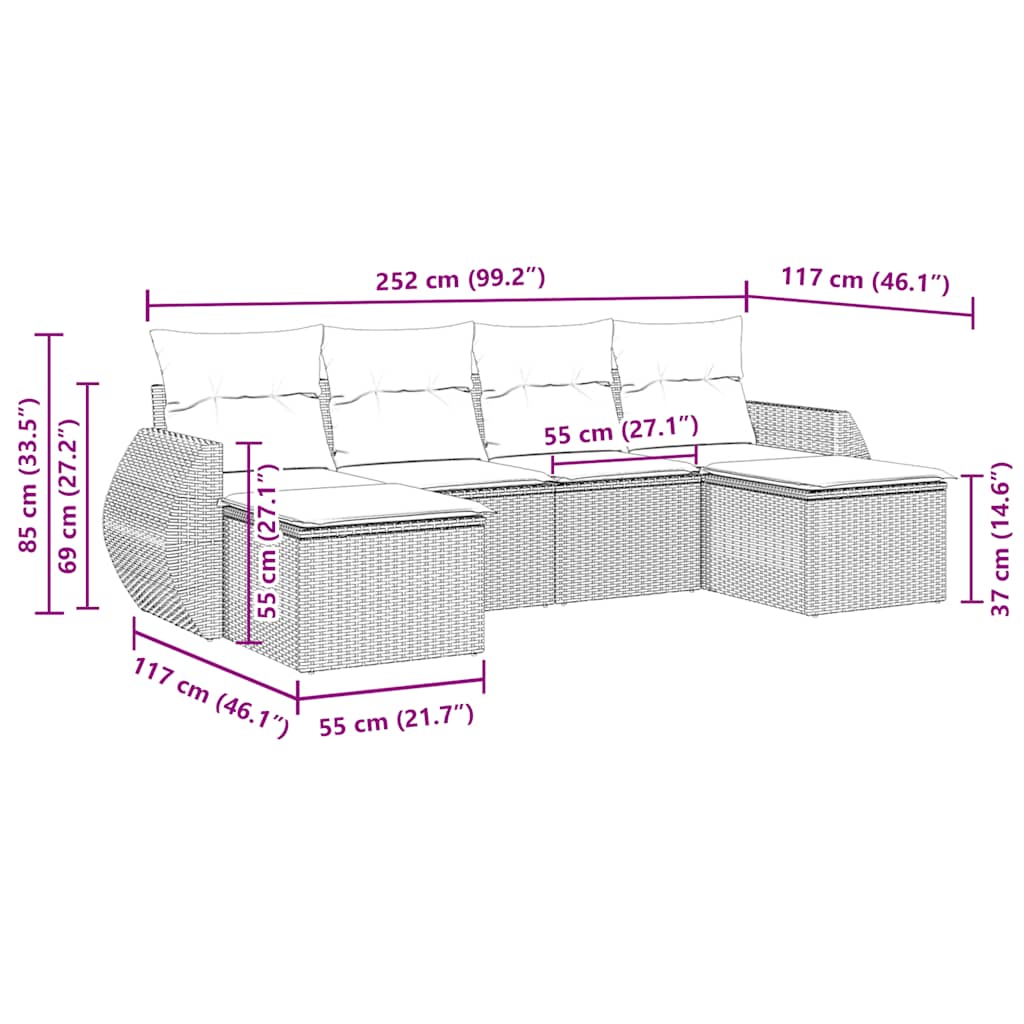 Set Divano da Giardino 6 pz con Cuscini Nero in Polyrattan