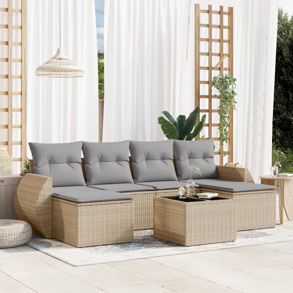 Set Divani da Giardino 7 pz con Cuscini Beige in Polyrattan