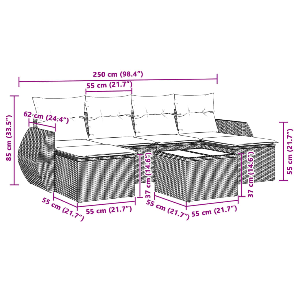 Set Divani da Giardino 7pz con Cuscini Grigio Chiaro Polyrattan