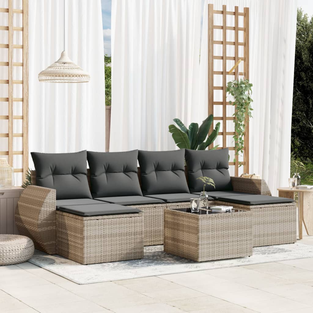 Set Divani da Giardino 7pz con Cuscini Grigio Chiaro Polyrattan