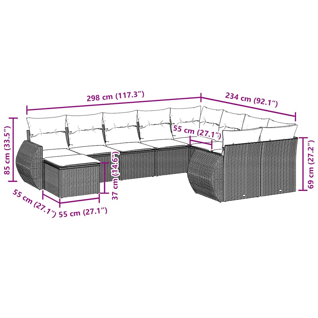 Set Divani da Giardino 10pz con Cuscini in Polyrattan Nero 3254193