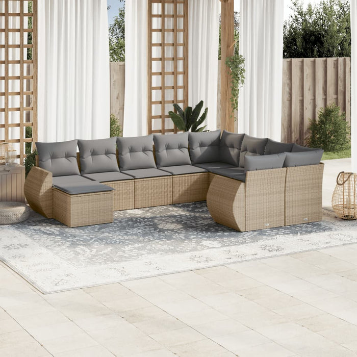 Set Divano da Giardino 10 pz con Cuscini Beige in Polyrattan