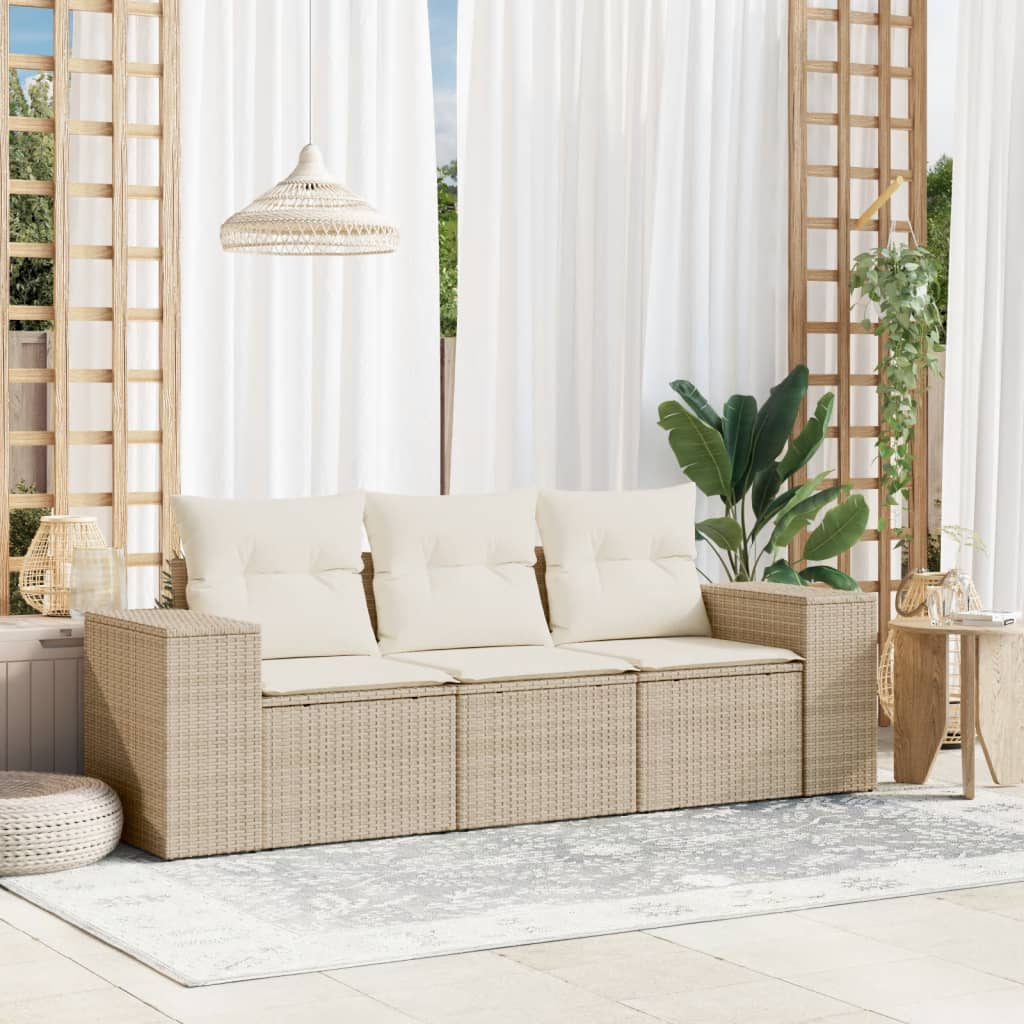 Set Divano da Giardino 3 pz con Cuscini-Sofa da Giardino-Divanetto da esterno Beige in Polyrattan 153929