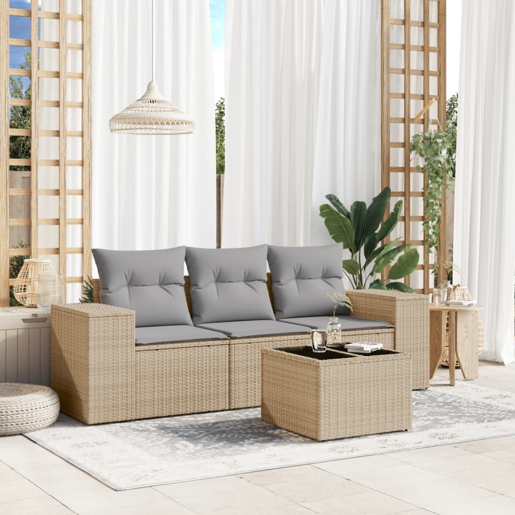Set Divano da Giardino 4 pz con Cuscini-Sofa da Giardino-Divanetto da esterno Beige in Polyrattan 605051