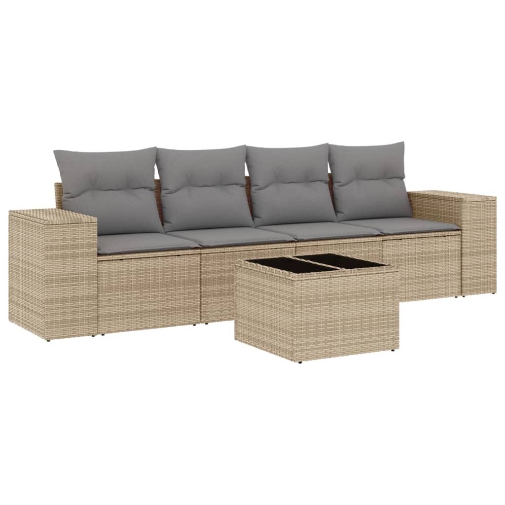 Set Divano da Giardino 5 pz con Cuscini Beige in Polyrattan