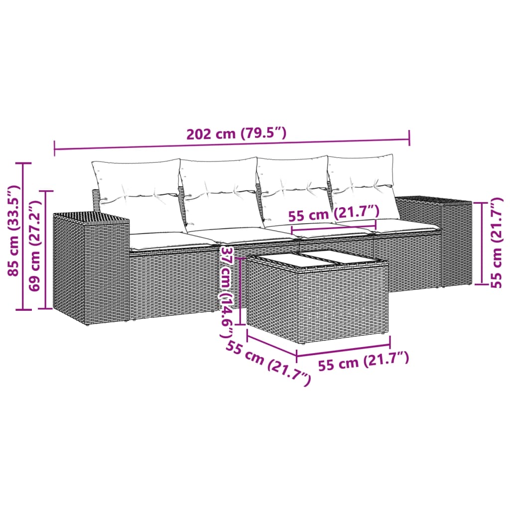 Set Divano da Giardino 5pz con Cuscini Grigio Chiaro Polyrattan 3254629