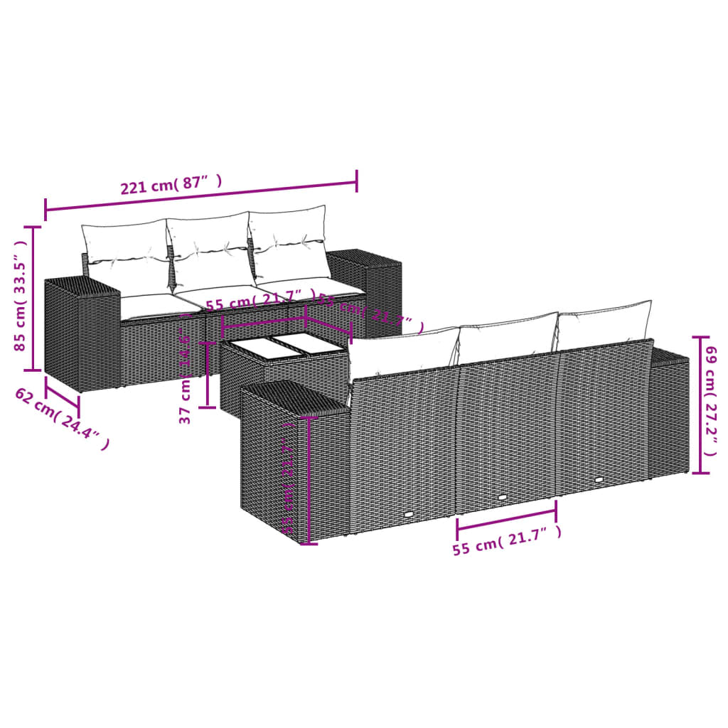 Set Divani da Giardino con Cuscini 7pz Nero Polyrattan 3254643