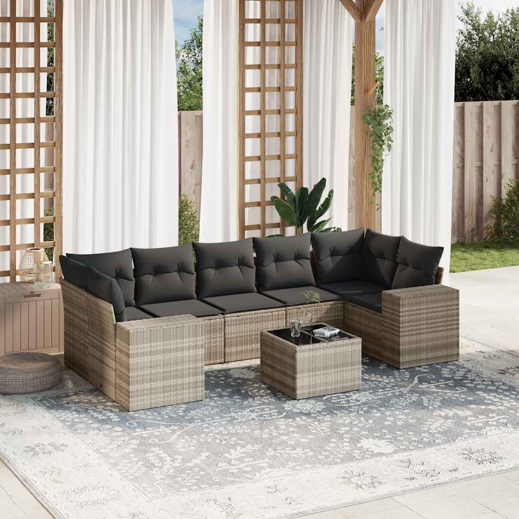 Set Divano da Giardino 8pz con Cuscini Grigio Chiaro Polyrattan