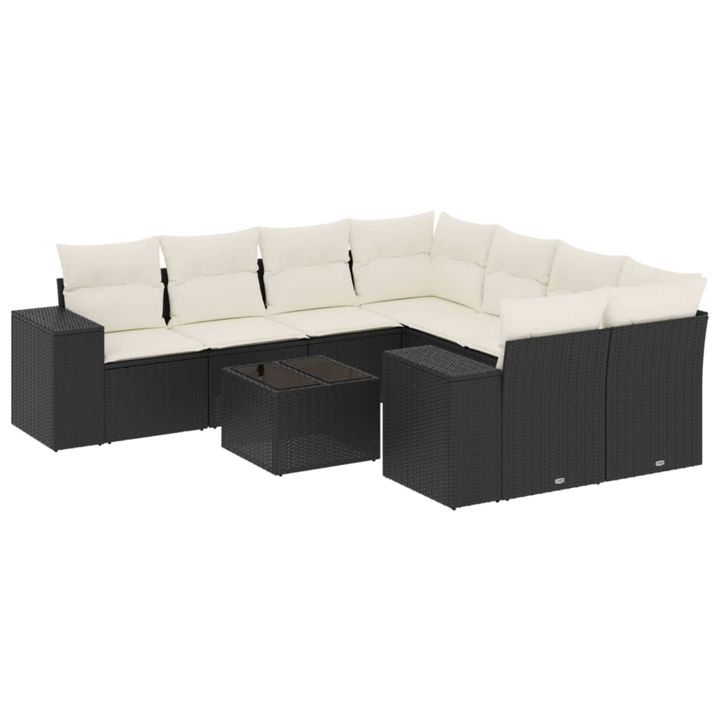 Set Divani da Giardino 9 pz con Cuscini Nero in Polyrattan