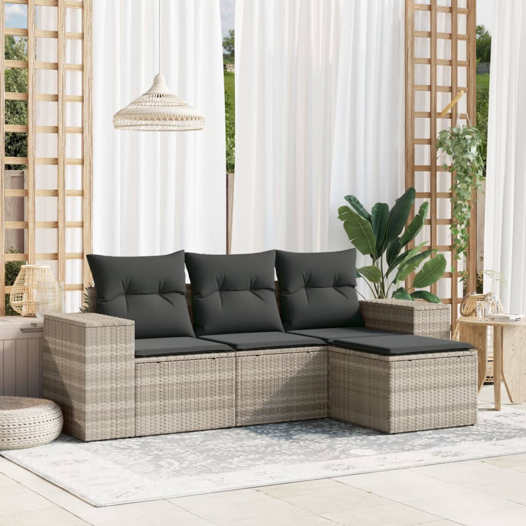 Set Divano da Giardino 4 pz con Cuscini-Sofa da Giardino-Divanetto da esterno Grigio Chiaro Polyrattan 608753