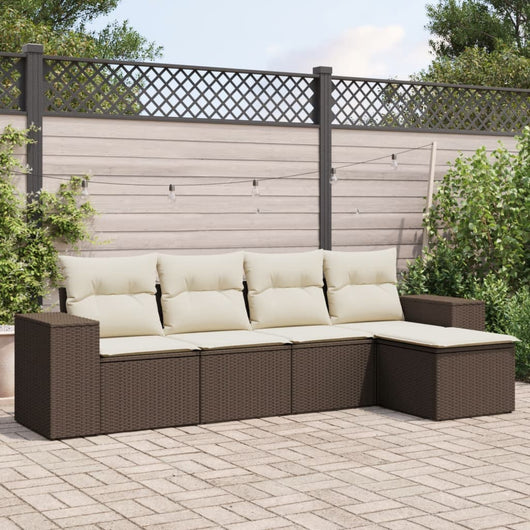 Set Divano da Giardino 5 pz con Cuscini-Sofa da Giardino-Divanetto da esterno Marrone in Polyrattan 875754