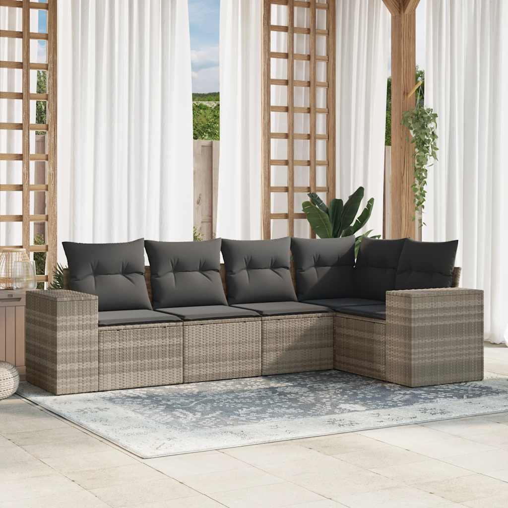 Set Divano da Giardino 5pz con Cuscini-Sofa da Giardino-Divanetto da esterno Grigio Chiaro Polyrattan 367677
