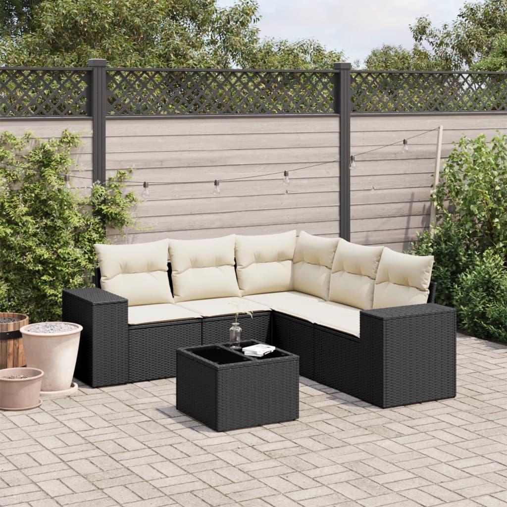 Set Divano da Giardino 6 pz con Cuscini Nero in Polyrattan