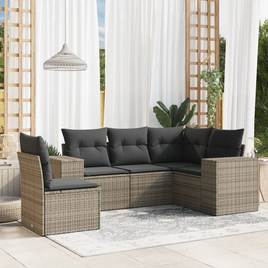 Set Divano da Giardino 5 pz con Cuscini-Sofa da Giardino-Divanetto da esterno Grigio in Polyrattan 528828