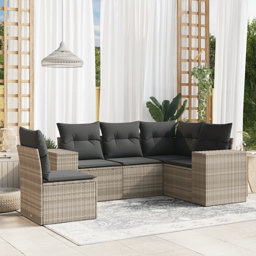 Set Divano da Giardino 5pz con Cuscini Grigio Chiaro Polyrattan